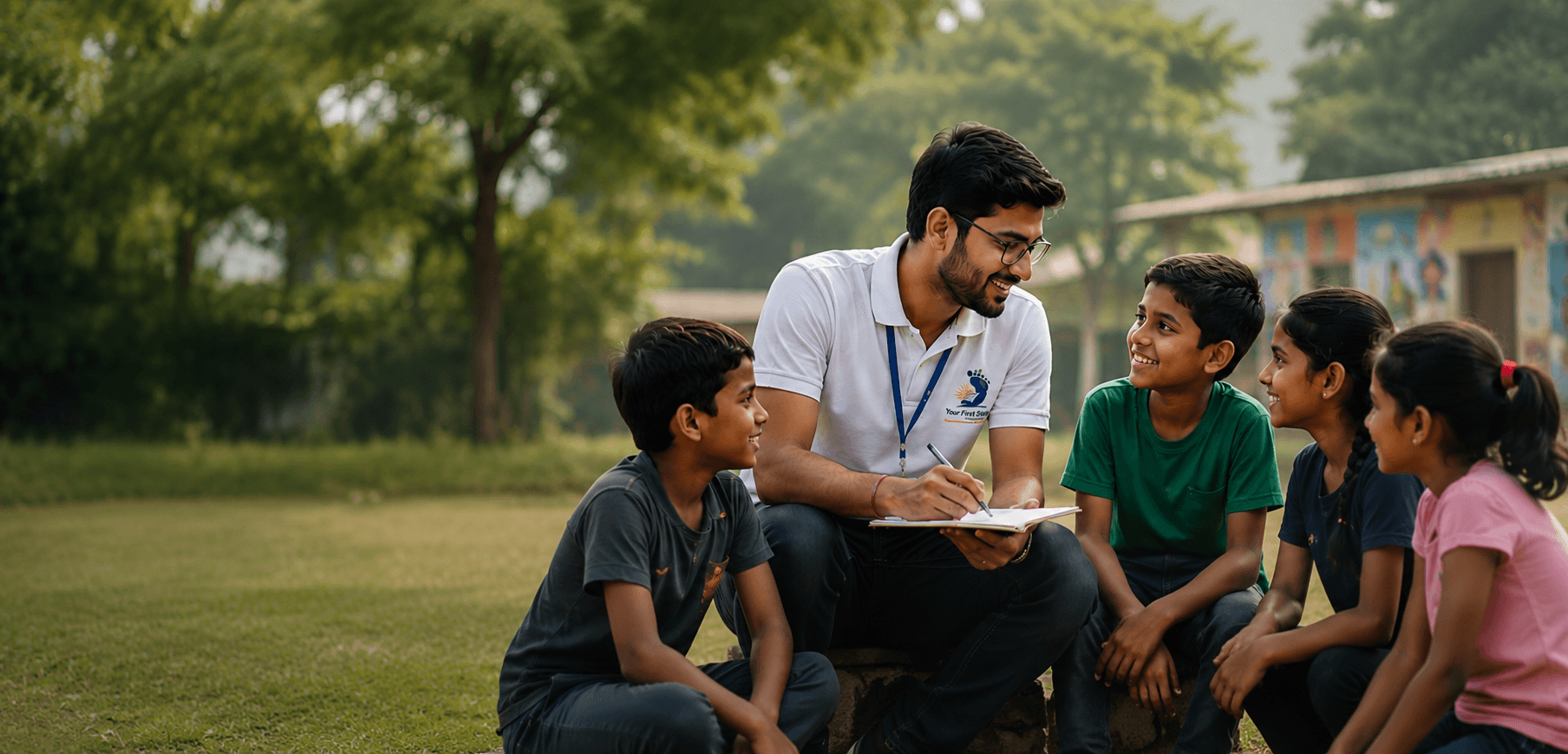 Volunteer interacting with children at a community program