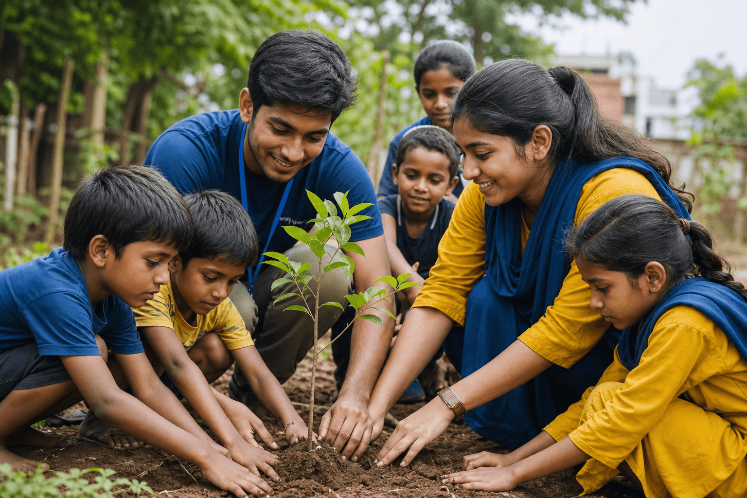 Volunteers planting trees with children